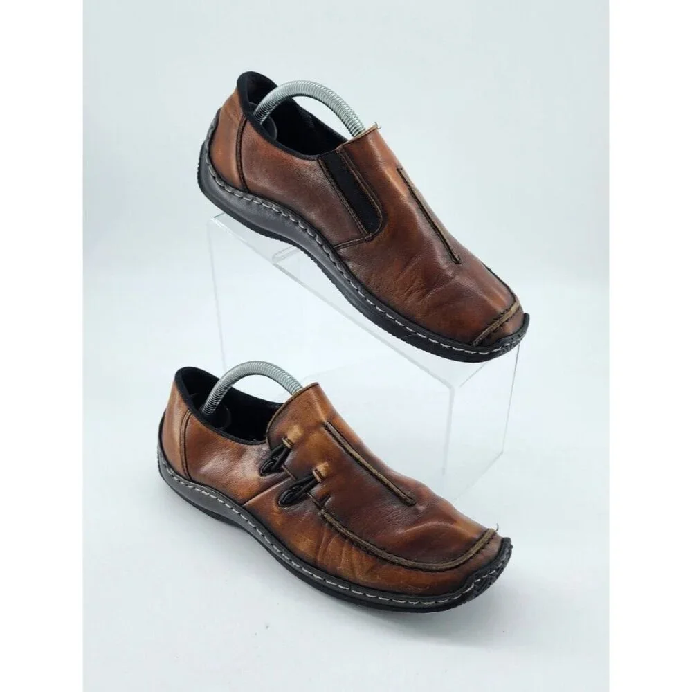 Rieker Women's Celia Square Toe Slip On Loafer Comfort Shoes Brown Leather Sz 39